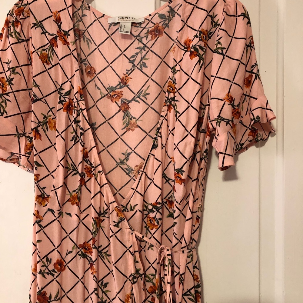 Floral grid ruffle wrap dress